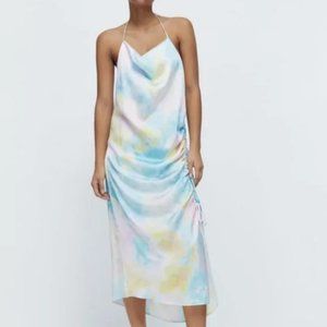 NWT Zara Pastel Tie Dye Satin Draped Camisole Ruched Midi Slip Dress
